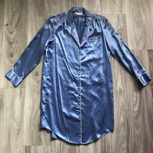 Silk Studio Blue Satin Button-Up Nightshirt Womens P